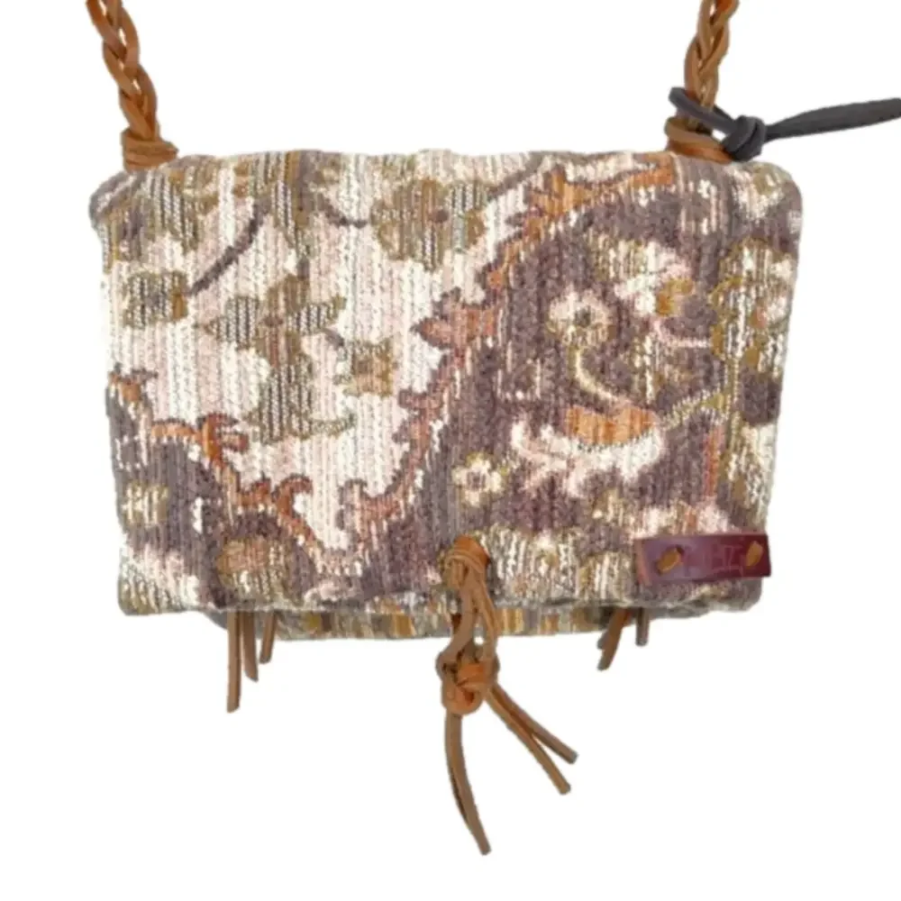 Small boho Crossbody Vintage Fold Over Bag Damask Fabric Braided Leather Strap